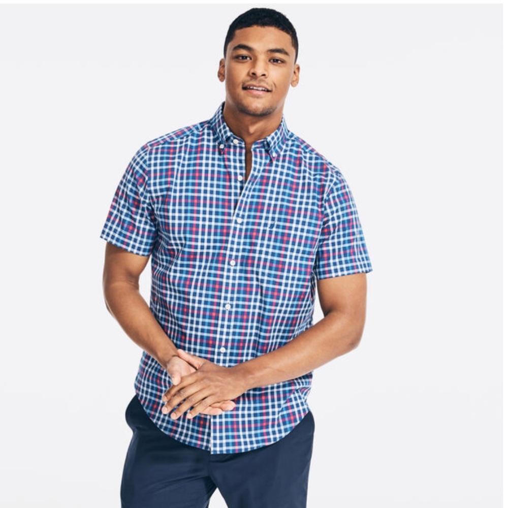 NWT Nautica Plaid Red, White, & Blue Short Sleeve Button Up Shirt / Small